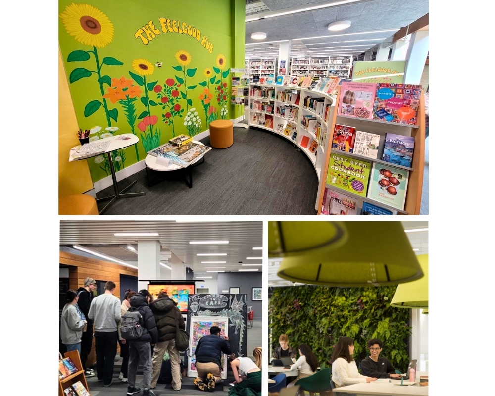 Collage of three images: colour-in cafe event, students studying by plant wall and the FeelGood Hub