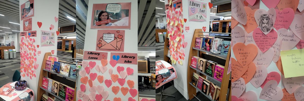 Collage of images of Valentine's feedback wall with heart sticky notes