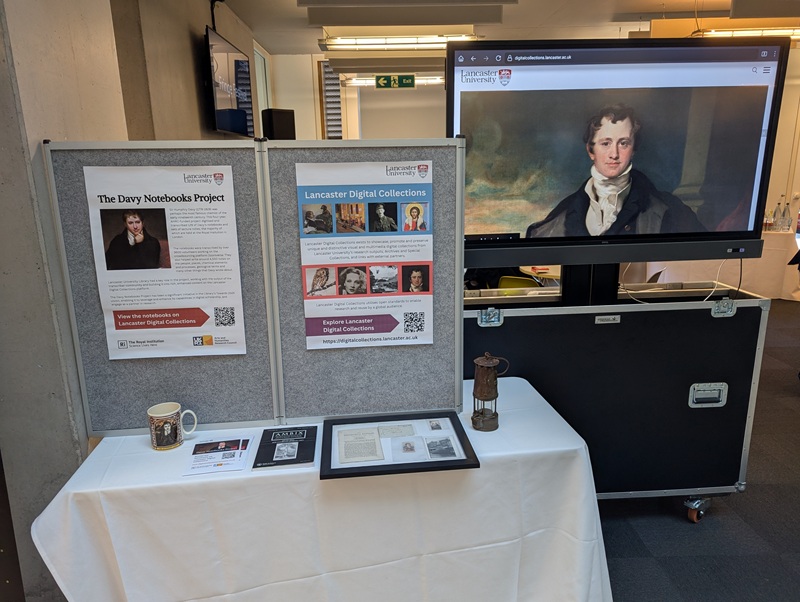 Digital screen and signage promoting the Library's Davy Notebooks collection on LDC
