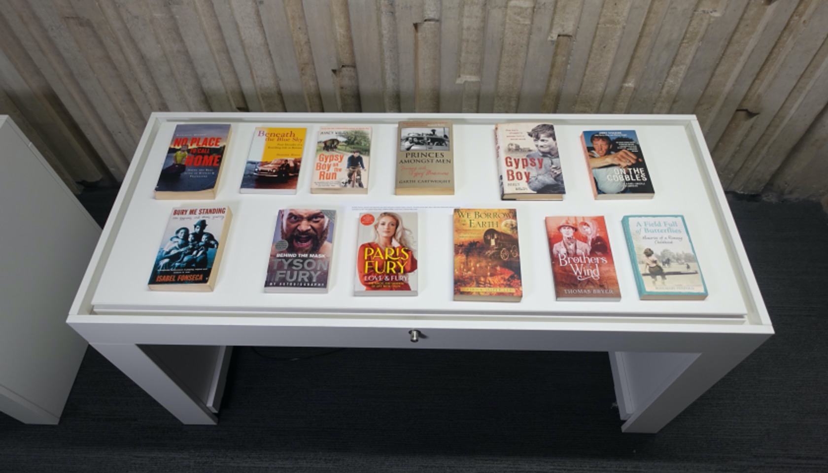 An exhibition case with a selection of books.