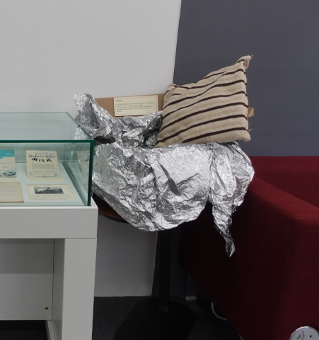 Haybox featuring a cardboard box, foil, hay and a cushion.