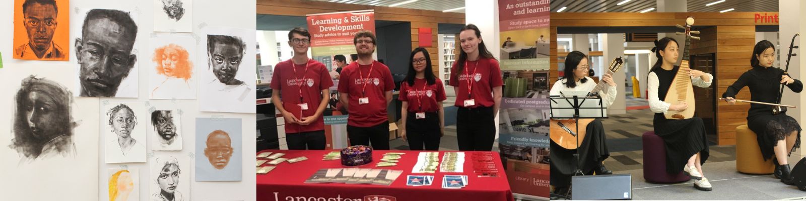 Image of student ambassadors in the Library on an Open Day talking to guests. 