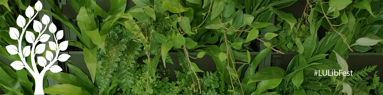 Library festival banner with living wall backdrop