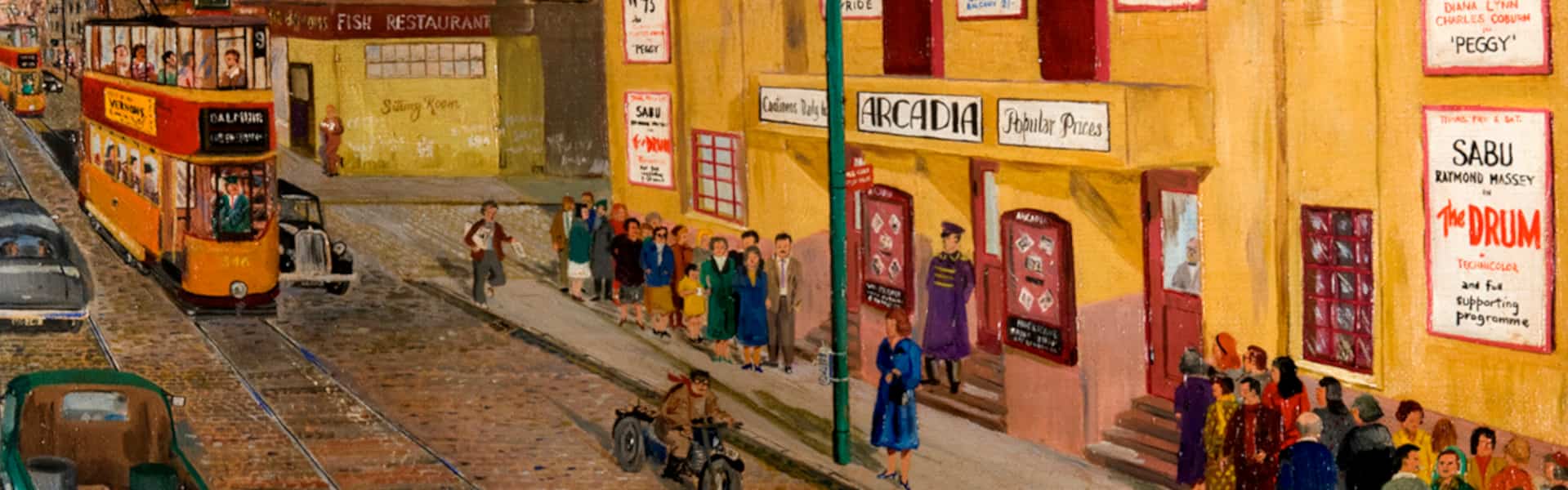 Painting of a busy evening street scene in the 1940s outside the Arcadia cinema. 