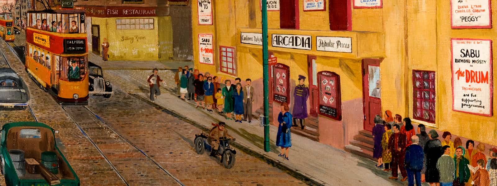 Painting of a busy evening street scene in the 1940s outside the Arcadia cinema.