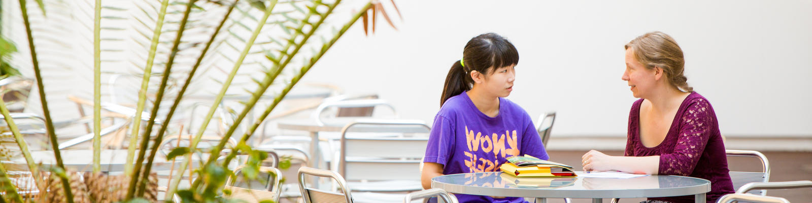 student and tutor at table in discussion