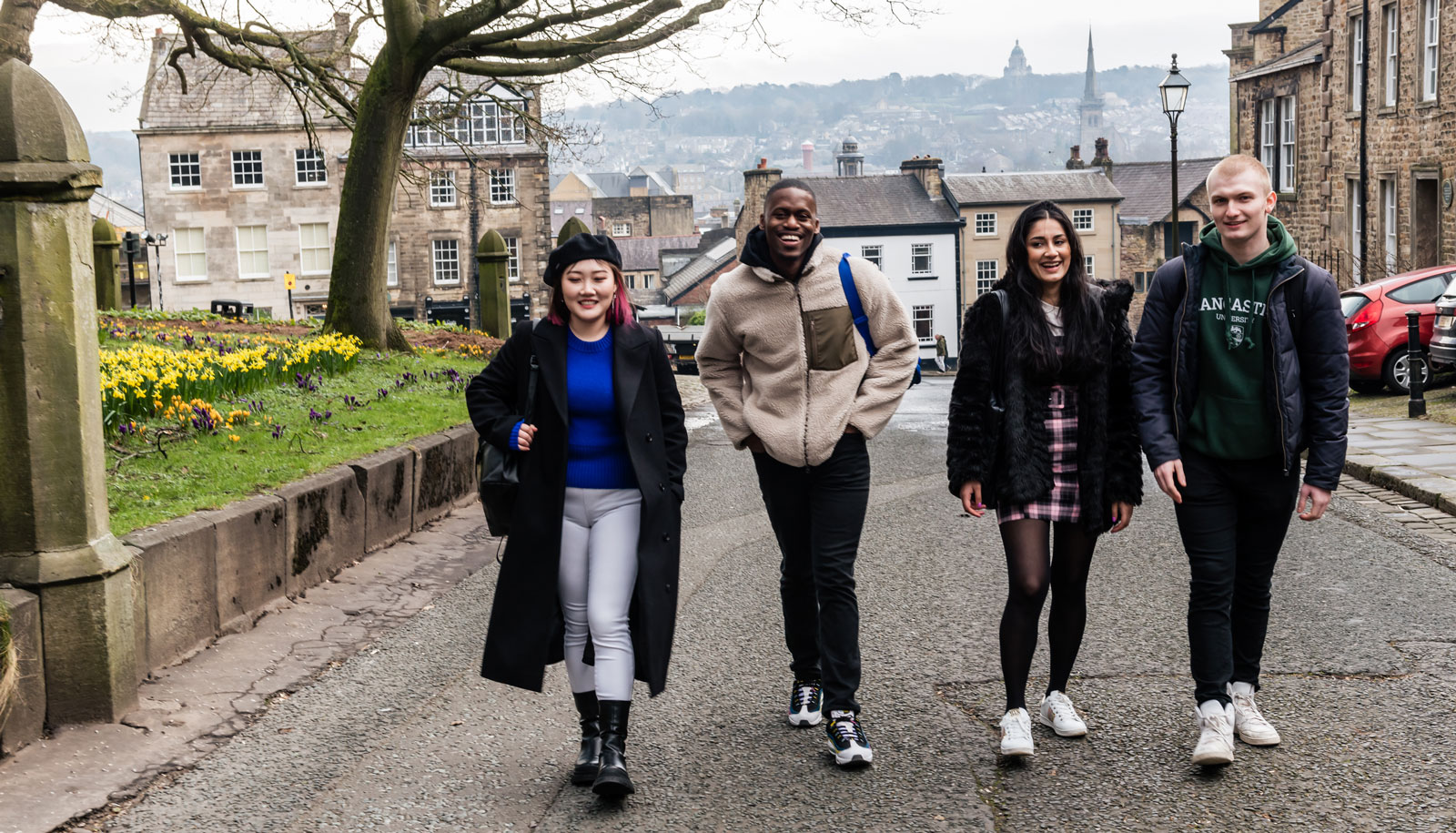 Students walking outside Lancaster Castle