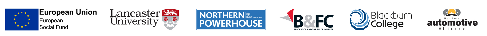EnginE Partner Logos, European Union, Lancaster University, Northern Powerhouse, Blackpool and Fylde College, Blackburn College, and Automotive Alliance.