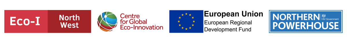 Eco-I NW Innovation Catalyst funding logos which include: Eco-I North West, Centre for Global Eco-Innvation, European Regional Development Fund, Northern Powerhouse.