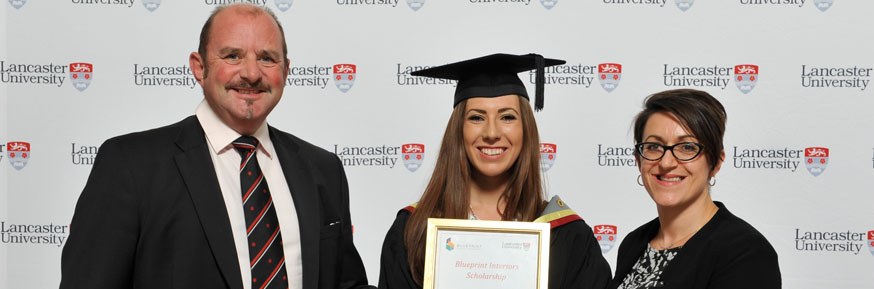 Award winner, Emma Lindsay, with Rob Day and Professor Maria Piacentini at graduation.