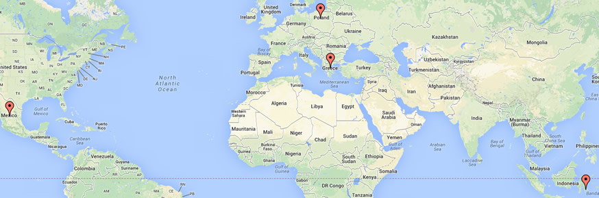 Map with markers on Mexico, Indonesia, Poland and Greece