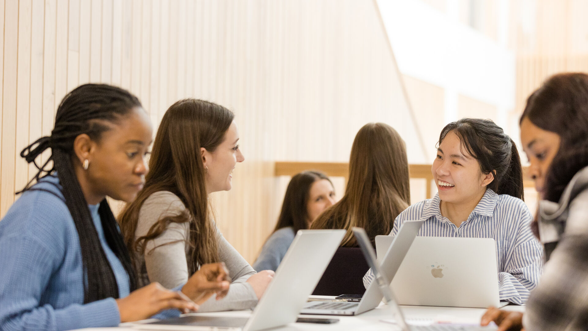 Group of students working with laptops