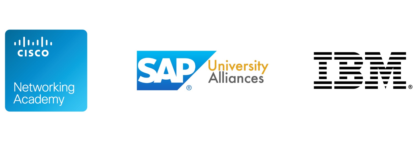 A montage of partner logos showing the logos of Cisco networking academy, SAP university alliances, and IBM