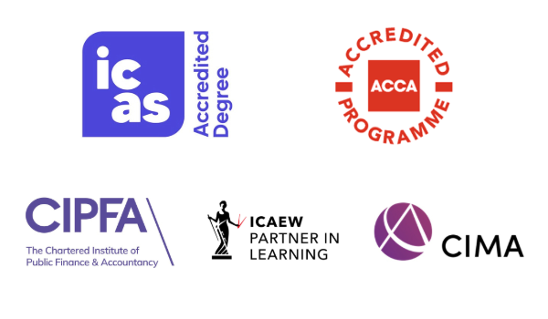 The logos of five accounting bodies who accredit this course