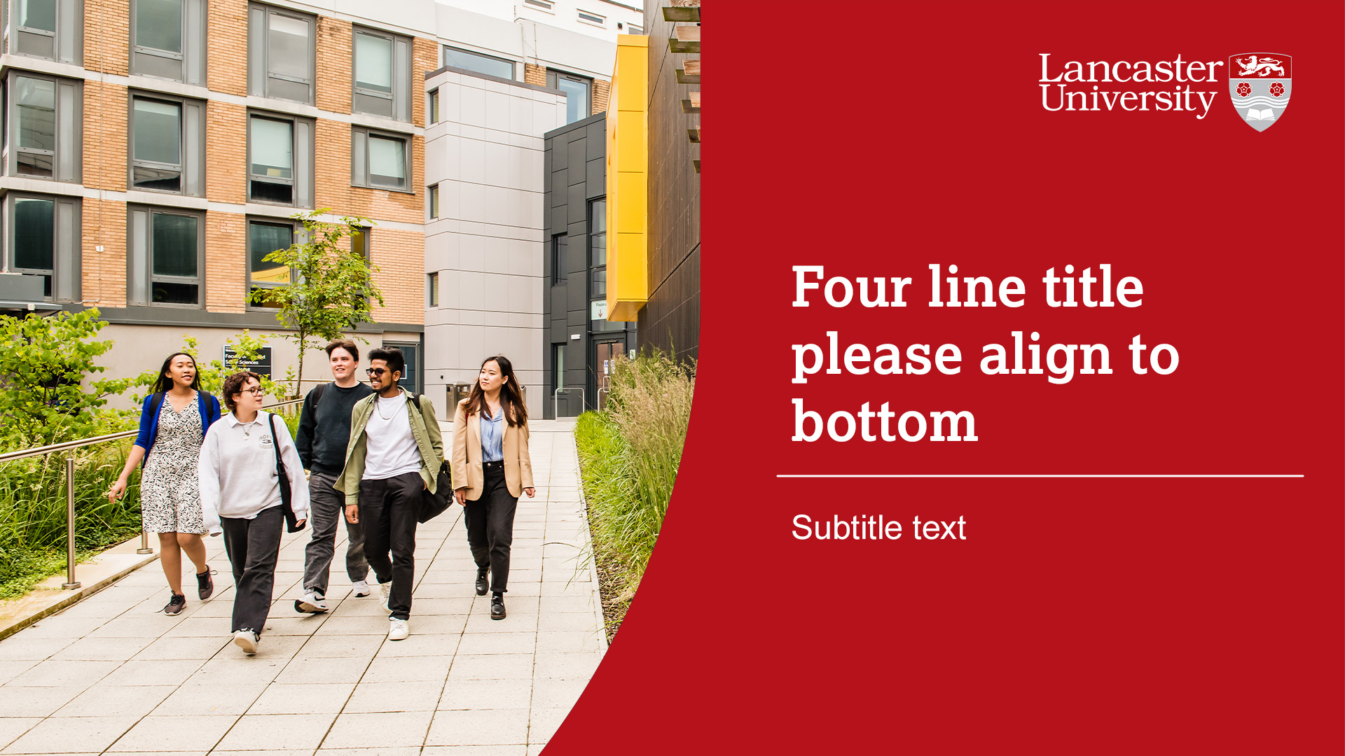 A video thumbnail image depicts a standard photo of students walking around campus. On the right is filler text and a red background.