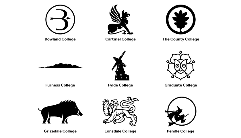 Mono versions of all nine of the college logos.