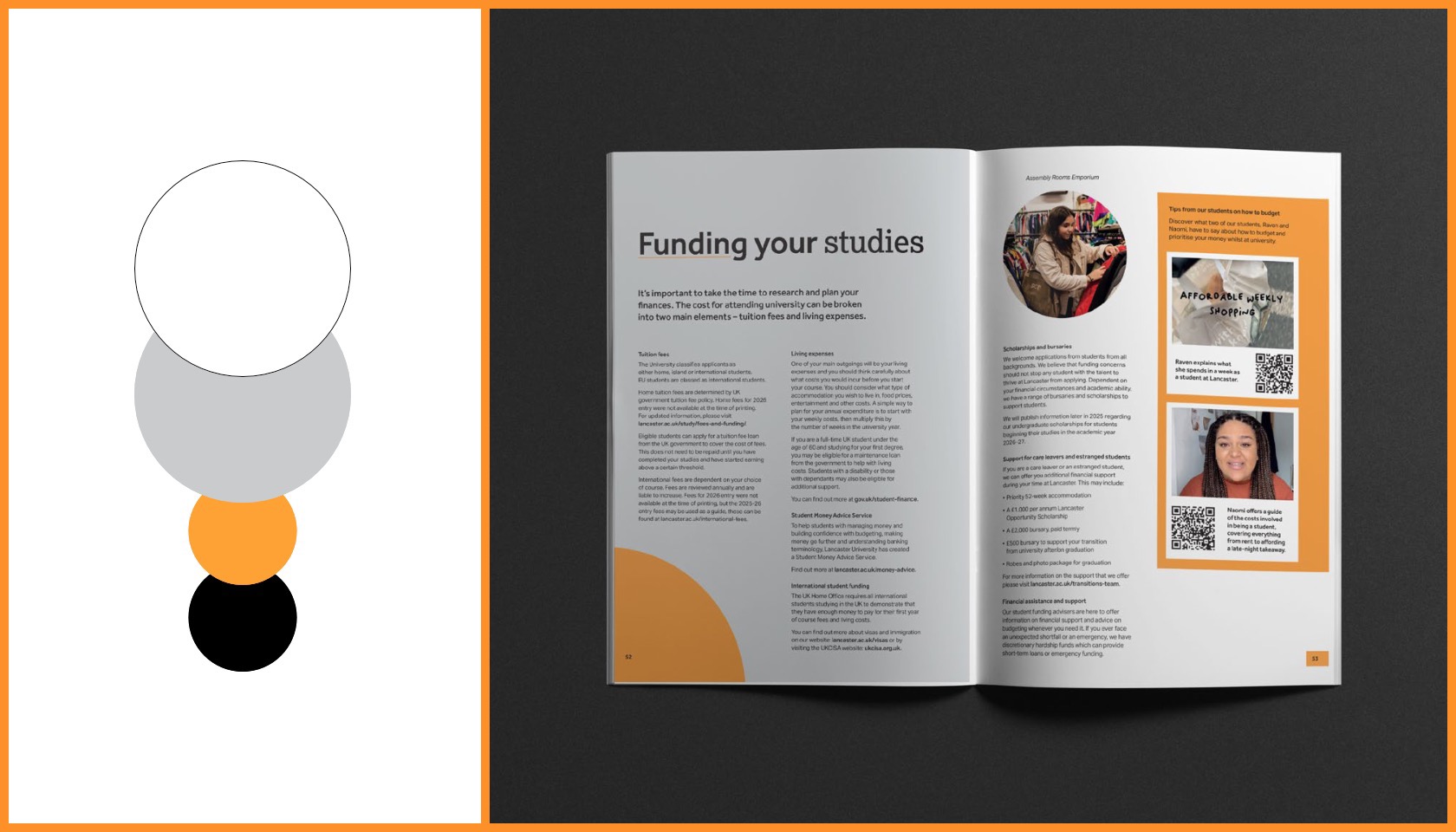 A mocked up prospectus page, with a colour swatch on the left-hand side.