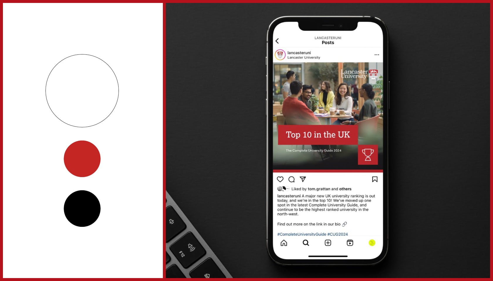 A mockup of a website on a mobile phone. A 3 colour palette swatch is on the left-hand side.