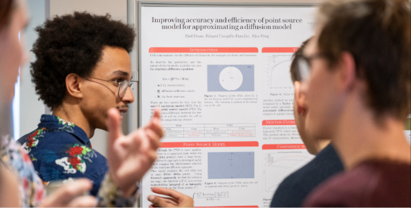 Students gathered around a poster. 