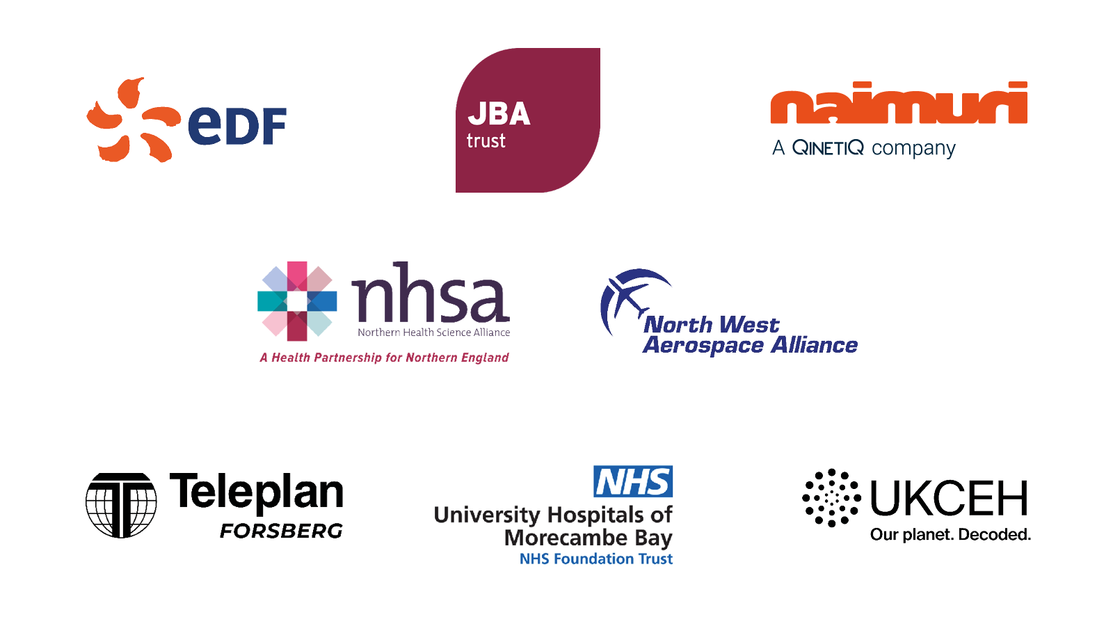 Partner logos: EDF, JBA Trust, Naimuri, Northern Health Science Alliance, North West Aerospace Alliance, Teleplan Forsberg, University Hospitals of Morecambe Bay NHS Foundation Trust, UK Centre for Ecology and Hydrology 
