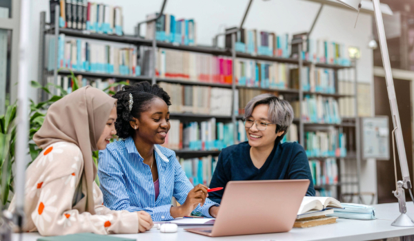 Students working in a library. 