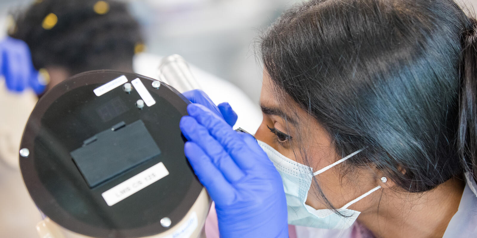 Medical student looking into dummy ear 