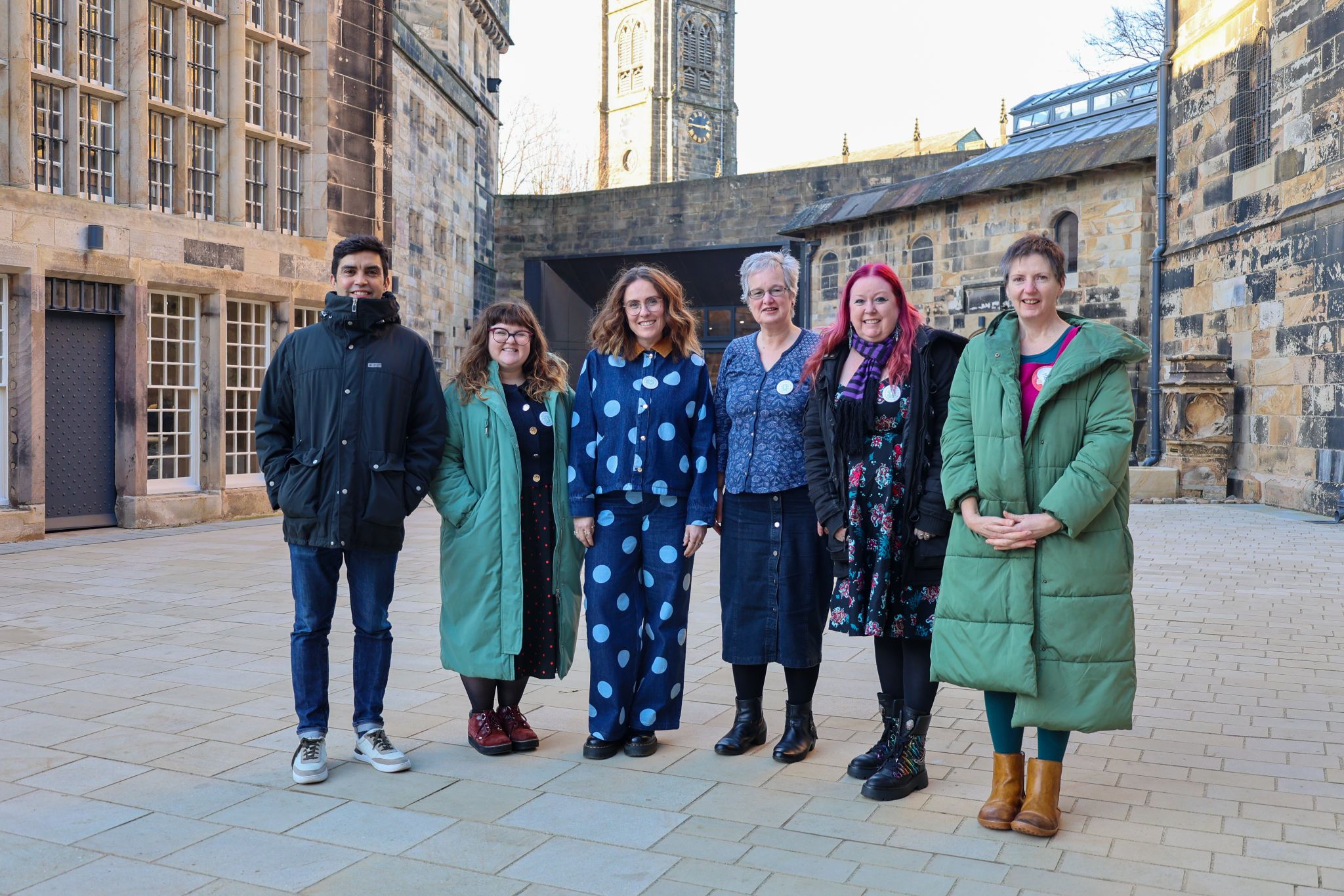 L-R: David, Carys, Stacey, Rosemary, Beth and Irene stood together outside Lancaster Castle