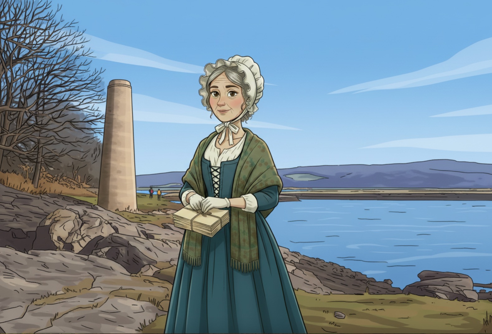 Jenny Brown's point, next to the coast with an illustrated picture of imagined Jenny Brown