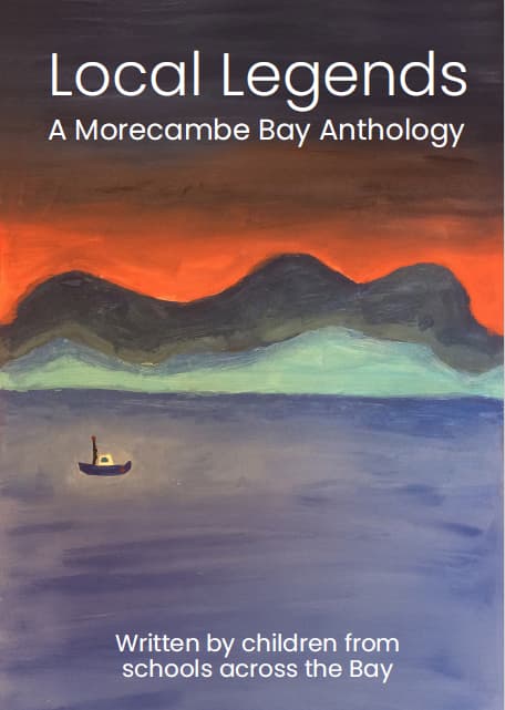 Front cover of Local Legends booklet with a child's painting of the Bay at sunset