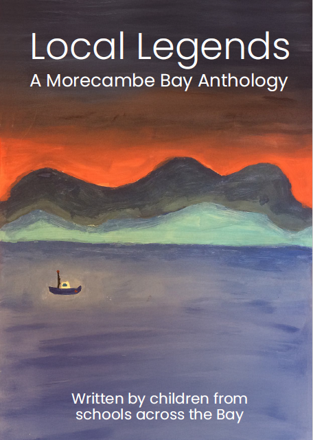 Front cover of Local Legends booklet with a child's painting of the Bay at sunset