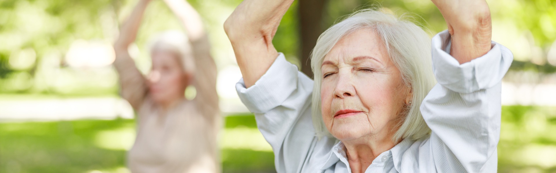 Two old people practice Tai Chi outside in a sunny park.