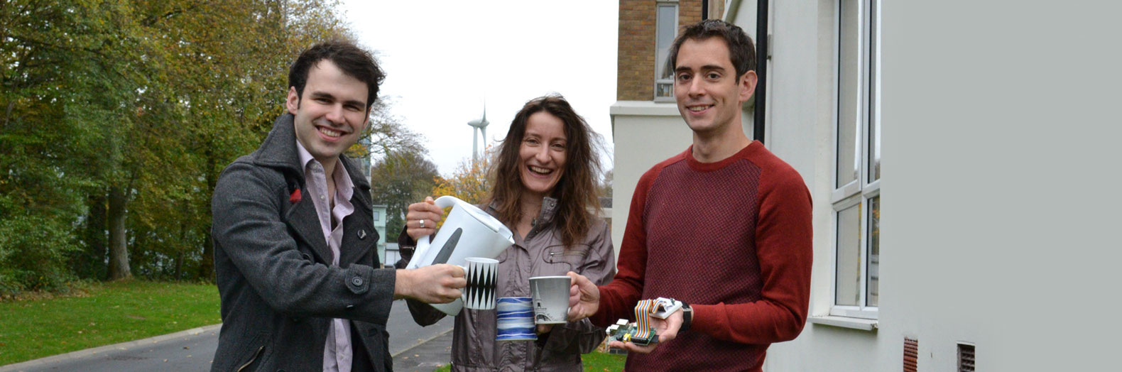 The perfect time for a cuppa…when the wind blows. From left: Dr Pete Newman, Dr Maria Angela Ferrario and Dr Will Simm