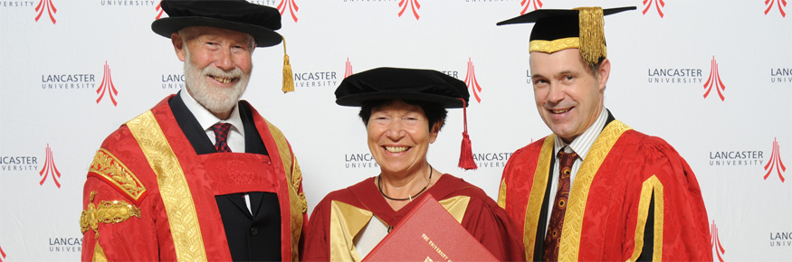 Chancellor Sir Chris Bonington with Professor Helga Nowotny and the Vice-Chancellor Professor Mark E.Smith