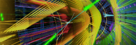 An ATLAS event with 2 photons. The photons are indicated by the clusters of energy shown in green. 
