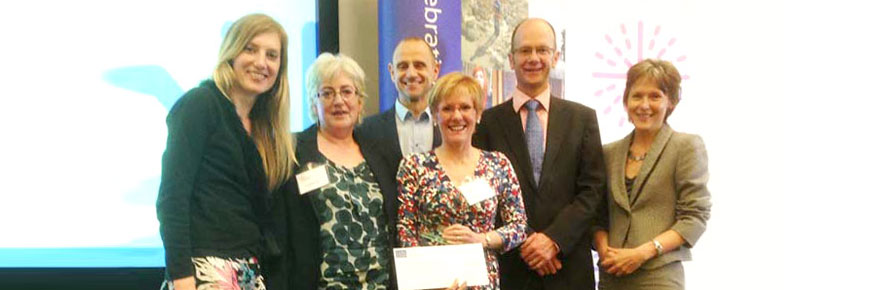 L-R Dr Rebecca Whittle, Dr Maggie Mort, Dr Marion Walker, Dr Hugh Deeming with the BBC's Evan Davis and Dame Suzi Leather, Chair of the Lankelly Chase Foundation