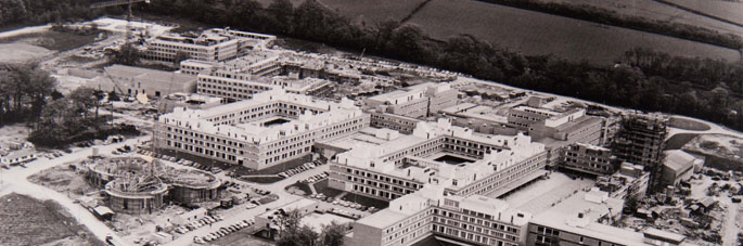 Lancaster University under construction with the Chaplaincy Centre to the left.