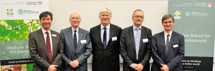 L-R: Professor Kevin Jones, Sir Martin Holdgate, Professor Mark Bailey, Professor Achim Dobermann, Professor Philip Barker