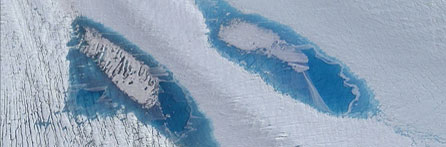 Satellite image shows a group of lakes atop Langhovde Glacier, East Antarctica. (Satellite image courtesy of DigitalGlobe, Inc.)