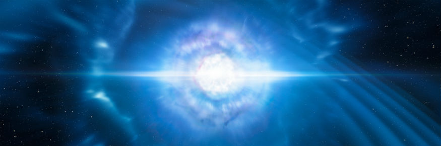 An artist’s impression shows two tiny but very dense neutron stars at the point at which they merge and explode as a kilonova.; Credit: ESO/L. Calçada/M. Kornmesser

