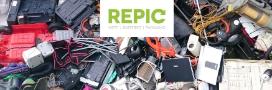 Background photo of electronic waste (c) Alison Stowell, overlaid with REPIC logo