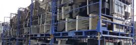 Cages of used electronic equipment (mainly screens, old TVs) at waste centre Tianjin, China 2018 (c) Alison Stowell