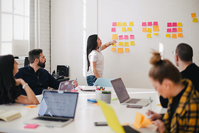 group meeting with lady putting post it notes on whiteboard