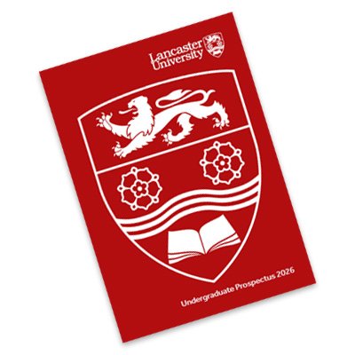 Prospectus front cover with a white university crest on a red background