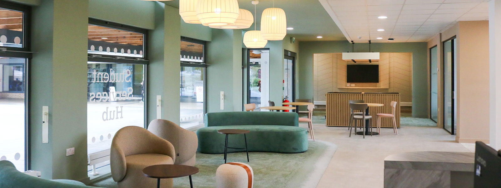 Interior with chairs, tables and sofas