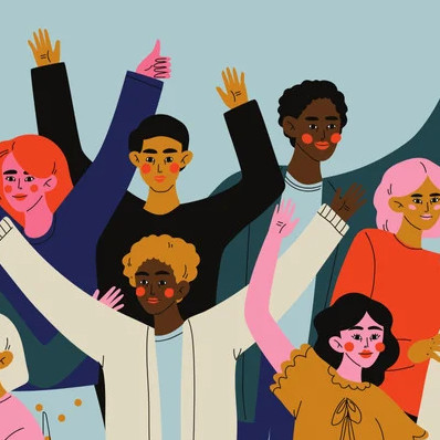 A cartoon image of a community cheering.