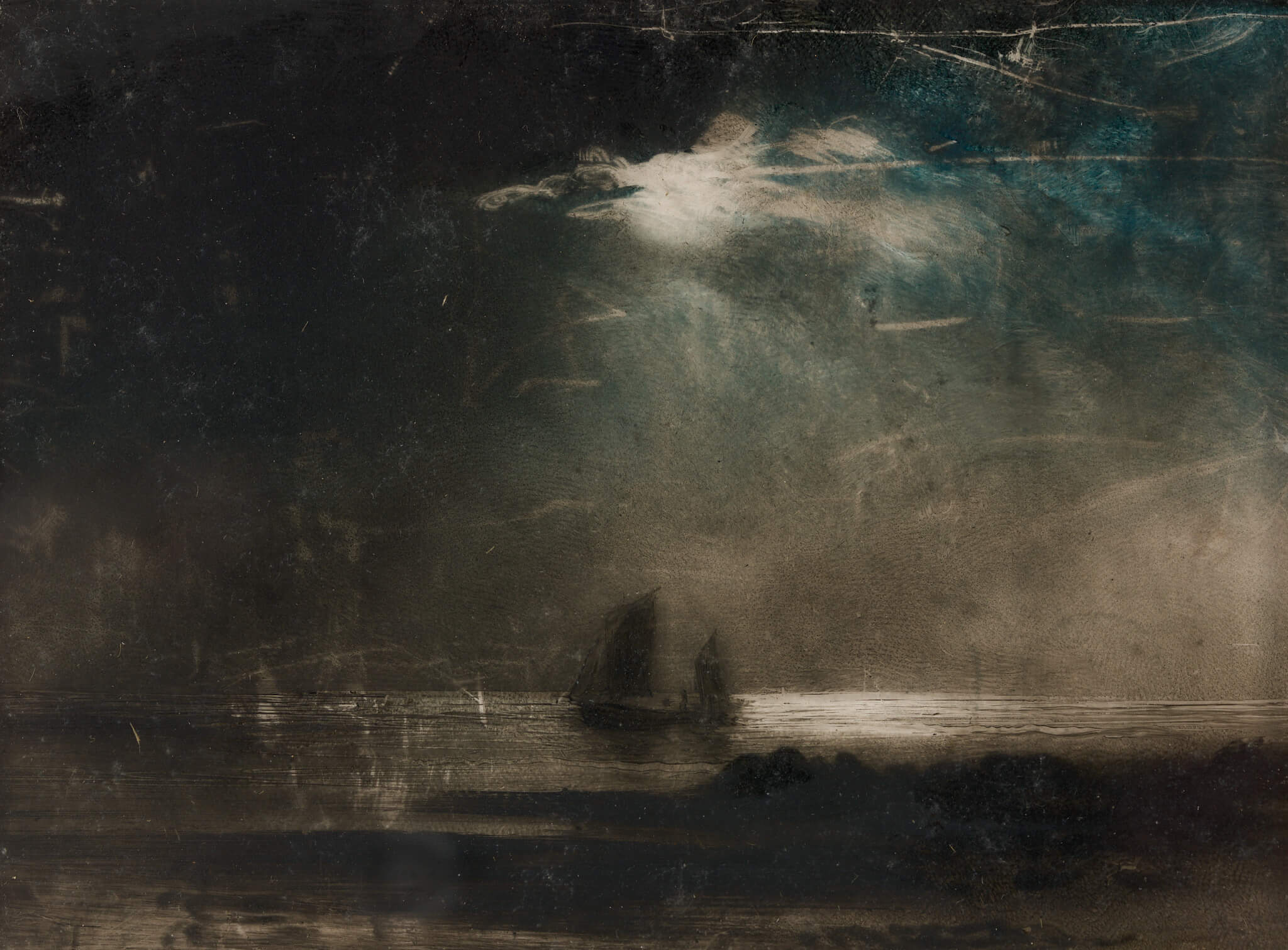 A painting on glass of a boat and the sea