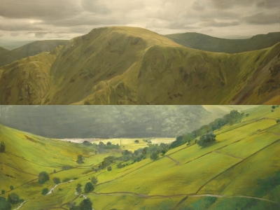 Two fine art paintings of rolling hills by Chris Rigby. 'Highstreet' is of hilltops beneath a cloudy sky, and 'Hartsop Fields' shows downward slopes covered with fields and trees.