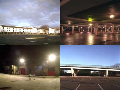 Four landscape photographs of empty car parks and motorways during night and day by Dave Bevan.