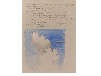 Diary page with watercolour sketch of clouds against blue sky.