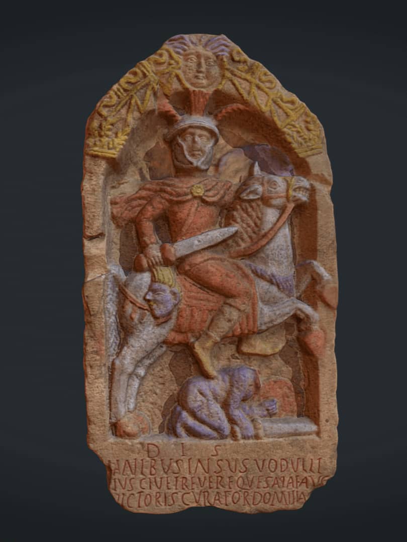 Image taken from a 3D model of a colourful Roman tombstone